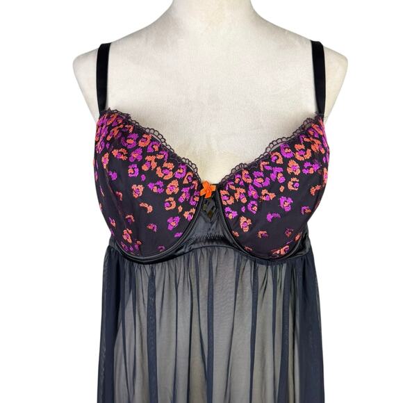 Savage X Fenty Black Sheer Mesh Pink Orange Flower Embroidered Babydoll Lingerie - Picture 4 of 9